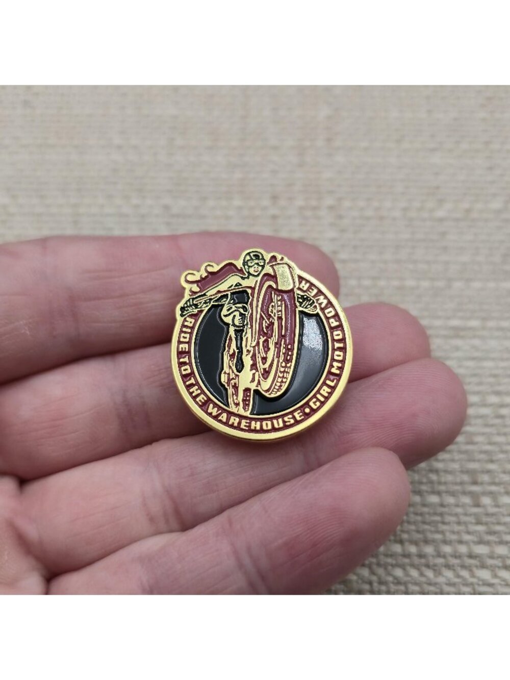 Moto Power Girl Ride to the Warehouse Enamel Lapel Pin A8900